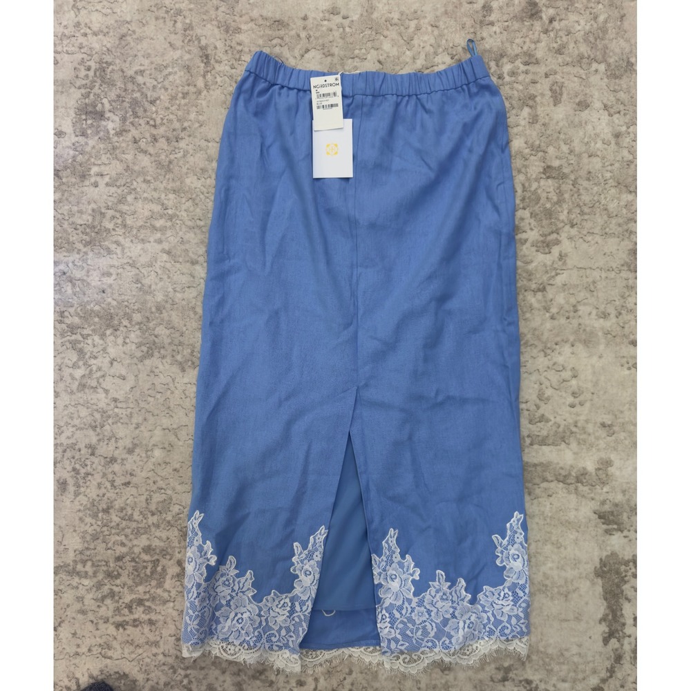 WAYF Womens Blue Lace Trim Maxi Skirt Elastic Waist Split Size M - Picture 1 of 5